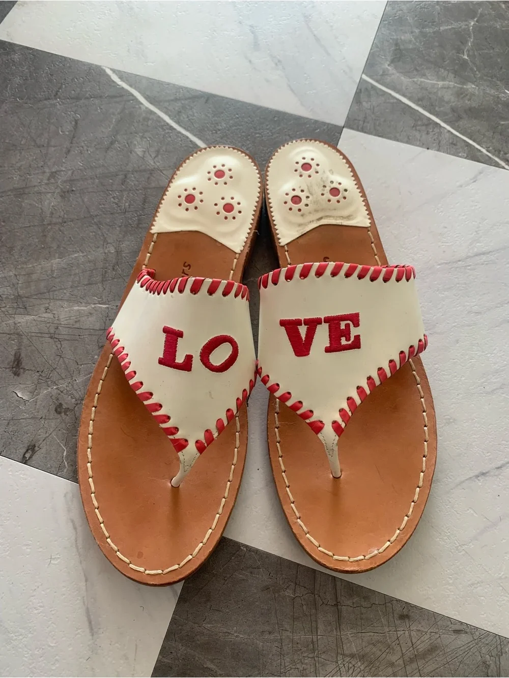 Jack Rogers White Leather Thong Sandals with Red Stitching and 'LOVE' Detail